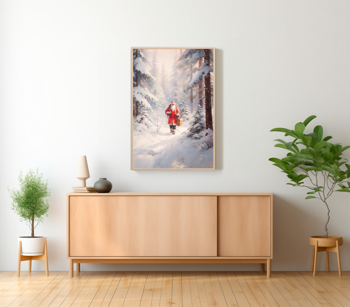Santa Claus Walking Through a Snowy Pine Forest at Dusk Poster - Image 2