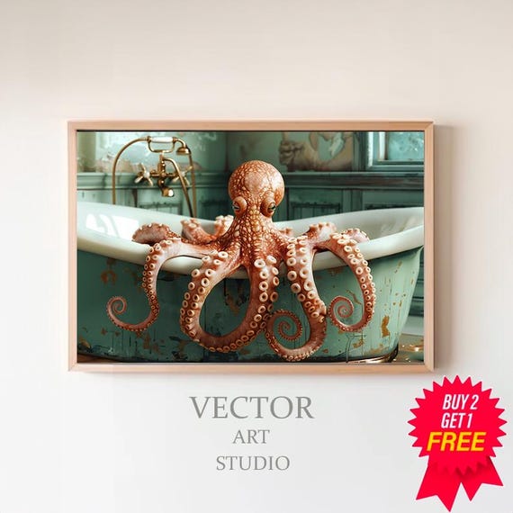 Funny Bathroom Wall Art Octopus In The Bathtub Oil Painting Octopus Wall Art Animal In Bathtub Dark Humor Whimsy Animal Art