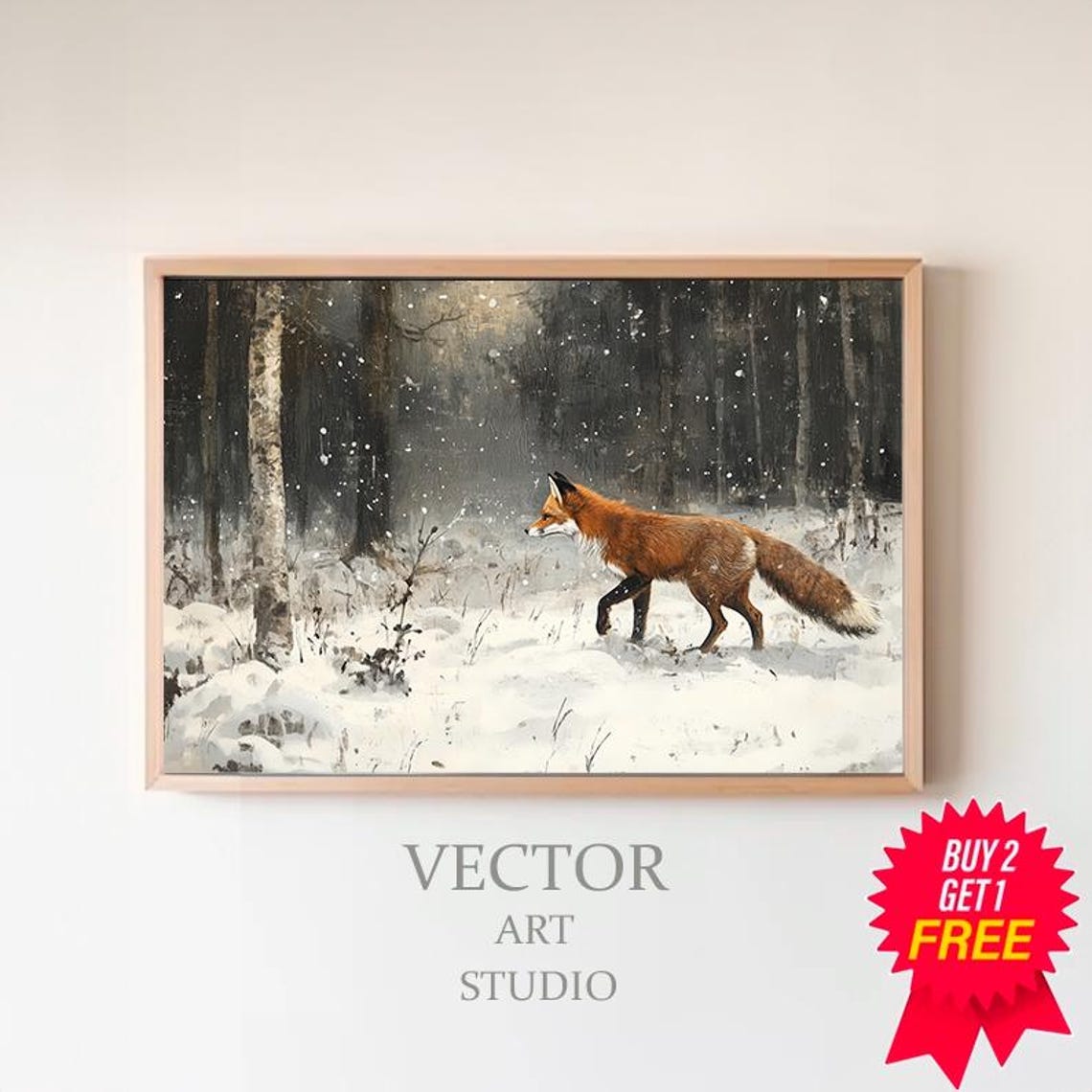 Red Fox Prowling Snowy Dark Pine Forest Vintage Winter Poster