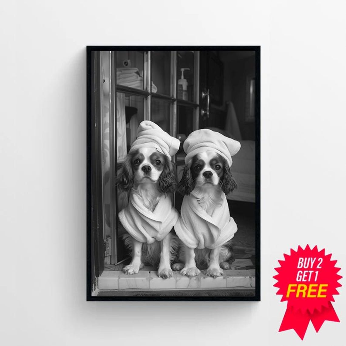 Two Cavalier Spaniels in Bathrobes at Glass Doors Funny Poster - Image 4