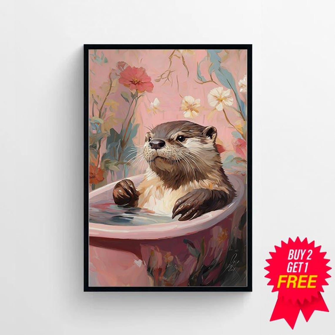 Cute Otter Soaking in a Pink Bathtub with a Pastel Floral Scene Poster - Image 4