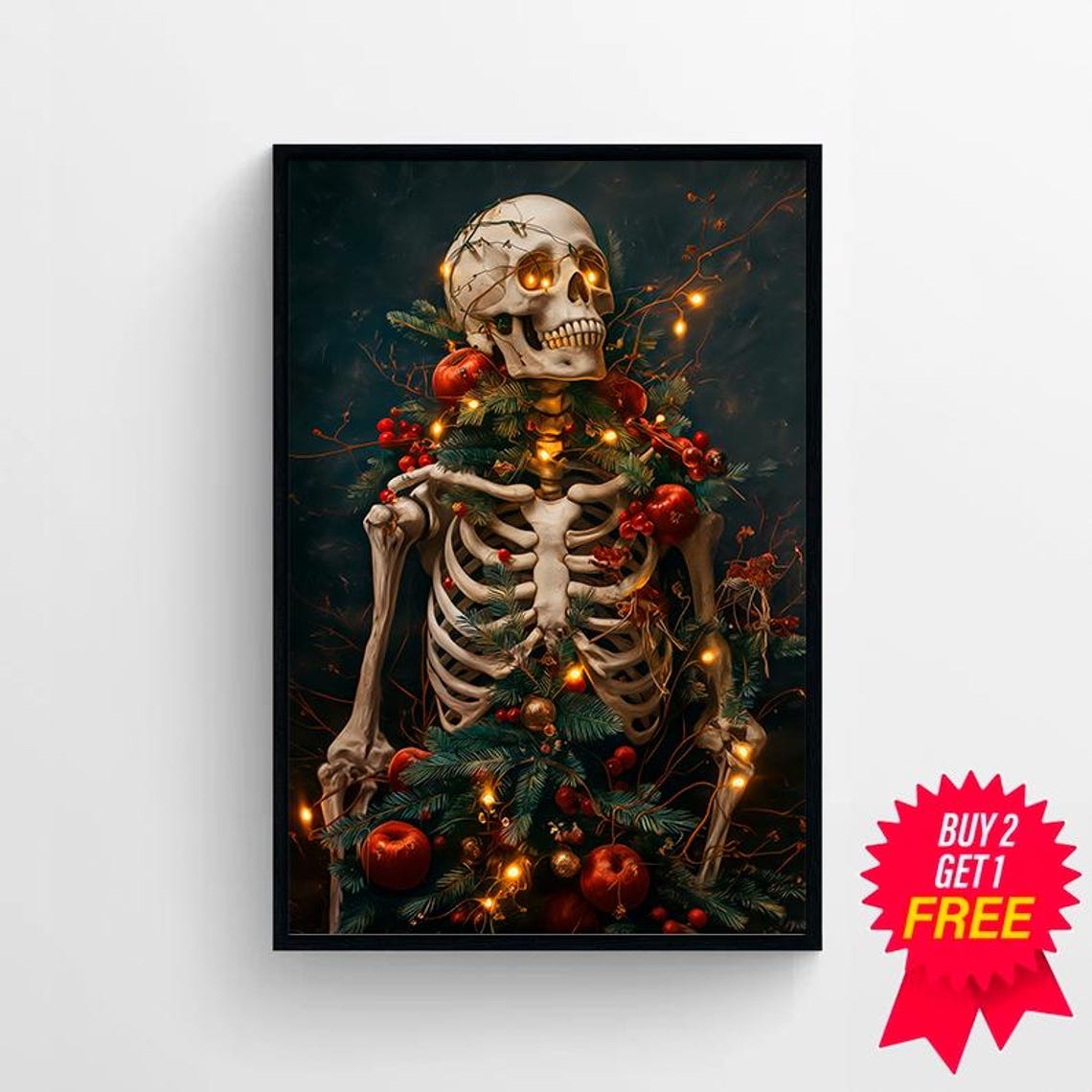 Skeleton Wrapped In Christmas Garland Lights Ornaments Dark Art Poster - Image 4