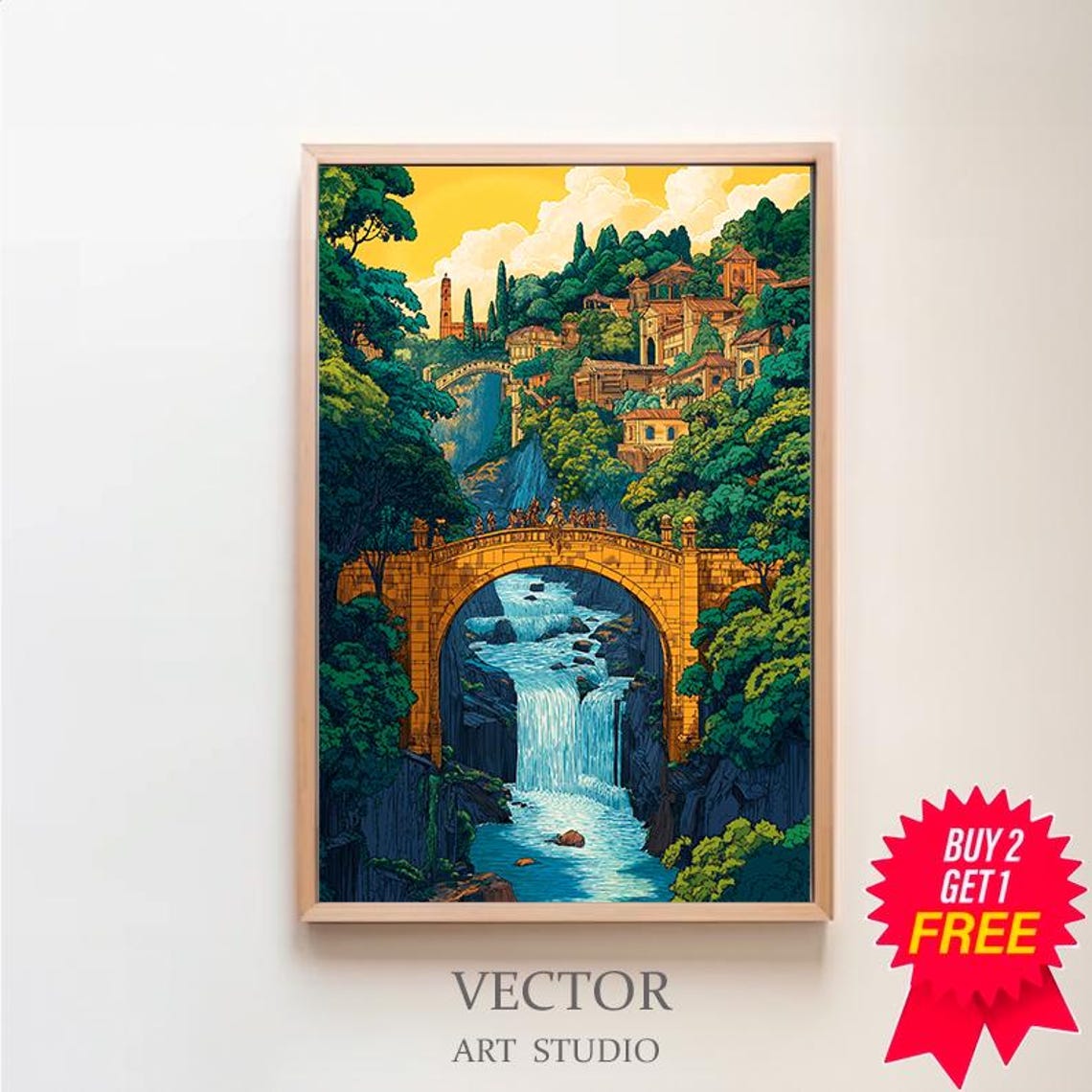 Fantasy Elven Stone Bridge Waterfall Village Landscape Poster