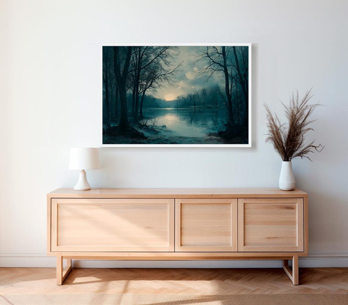 Moody Lake at Dusk with Bare Trees Dark Vintage Landscape Poster - Image 2