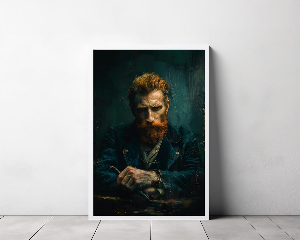 Brooding Red-Bearded Man in Dark Teal Vintage Portrait Poster - Image 3