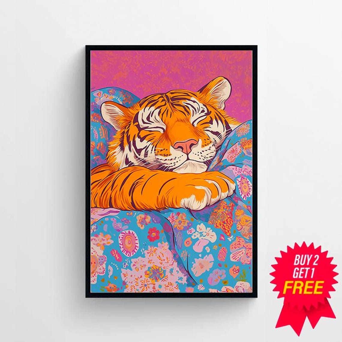Sleeping Tiger Wrapped in a Colorful Patterned Blanket Pop Art Poster - Image 4