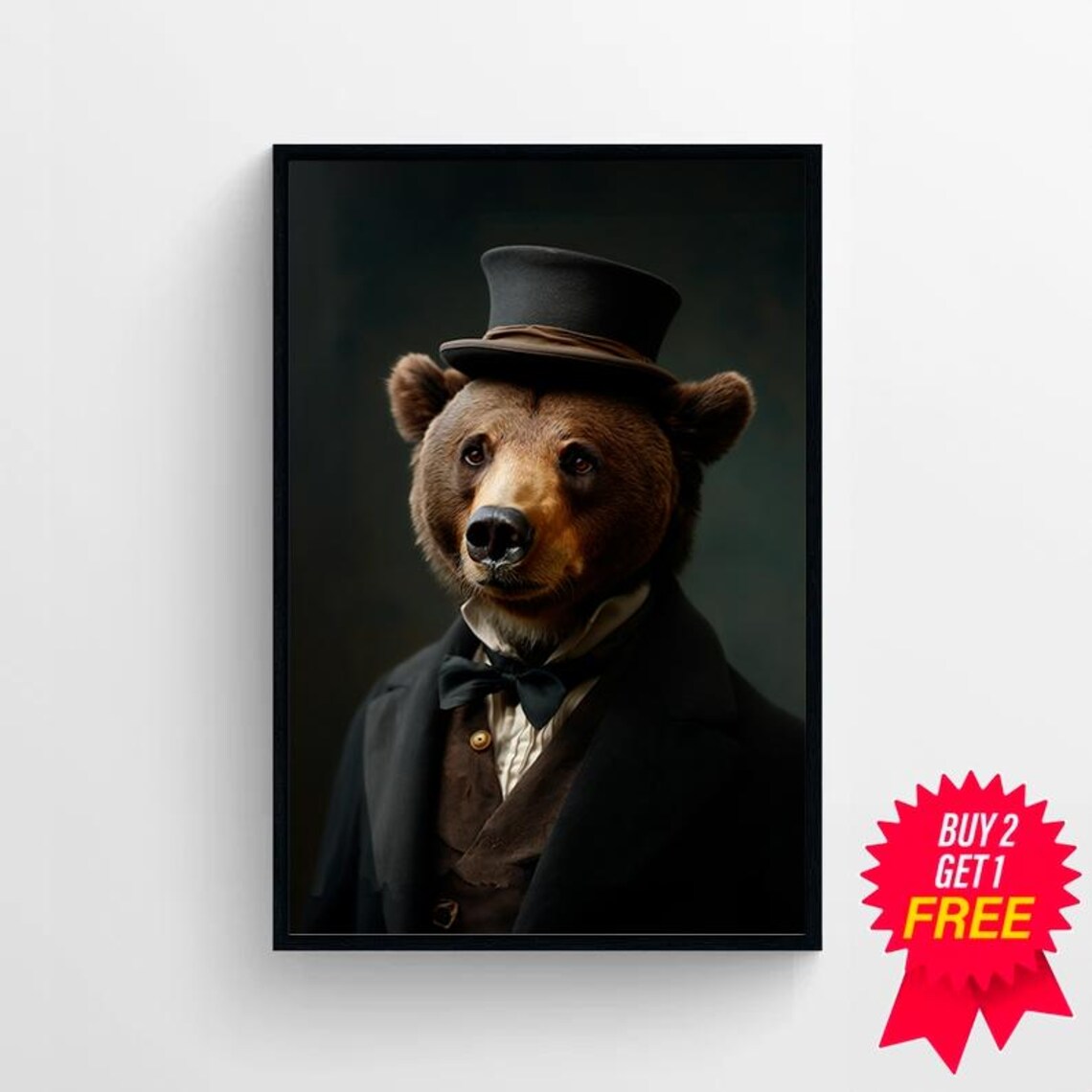 Dapper Brown Bear Portrait in Top Hat and Tuxedo Whimsical Animal Poster - Image 4