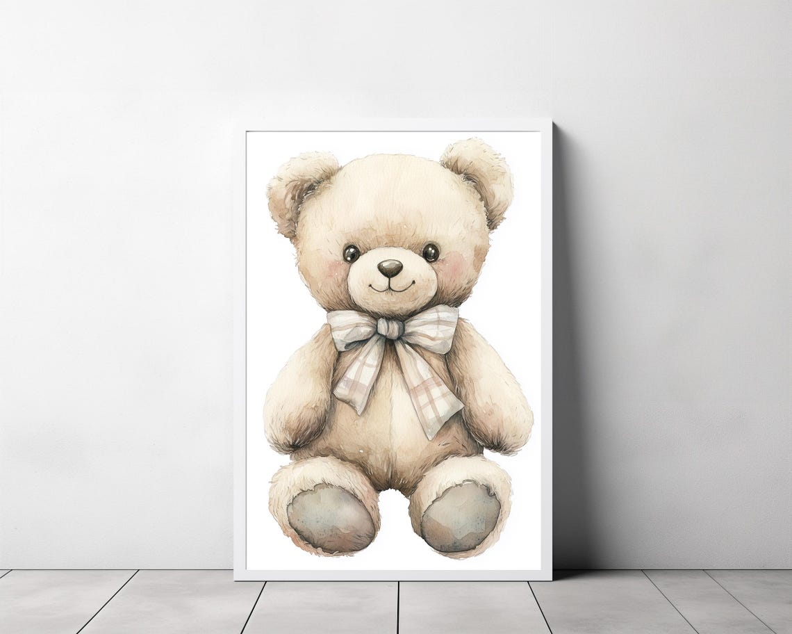 Cream Teddy Bear with Plaid Bow Watercolor Nursery Decor Poster - Image 3