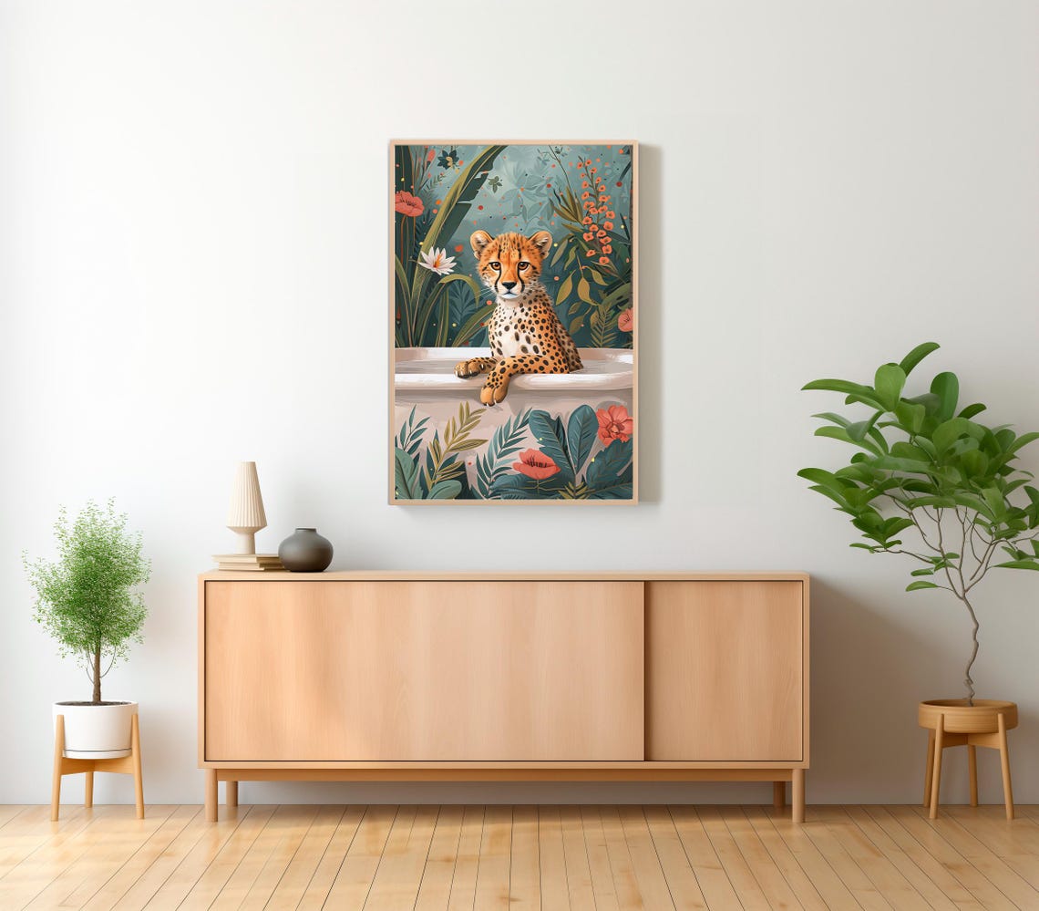 Cheetah Cub Relaxing in Bathtub Teal and Coral Floral Poster - Image 2