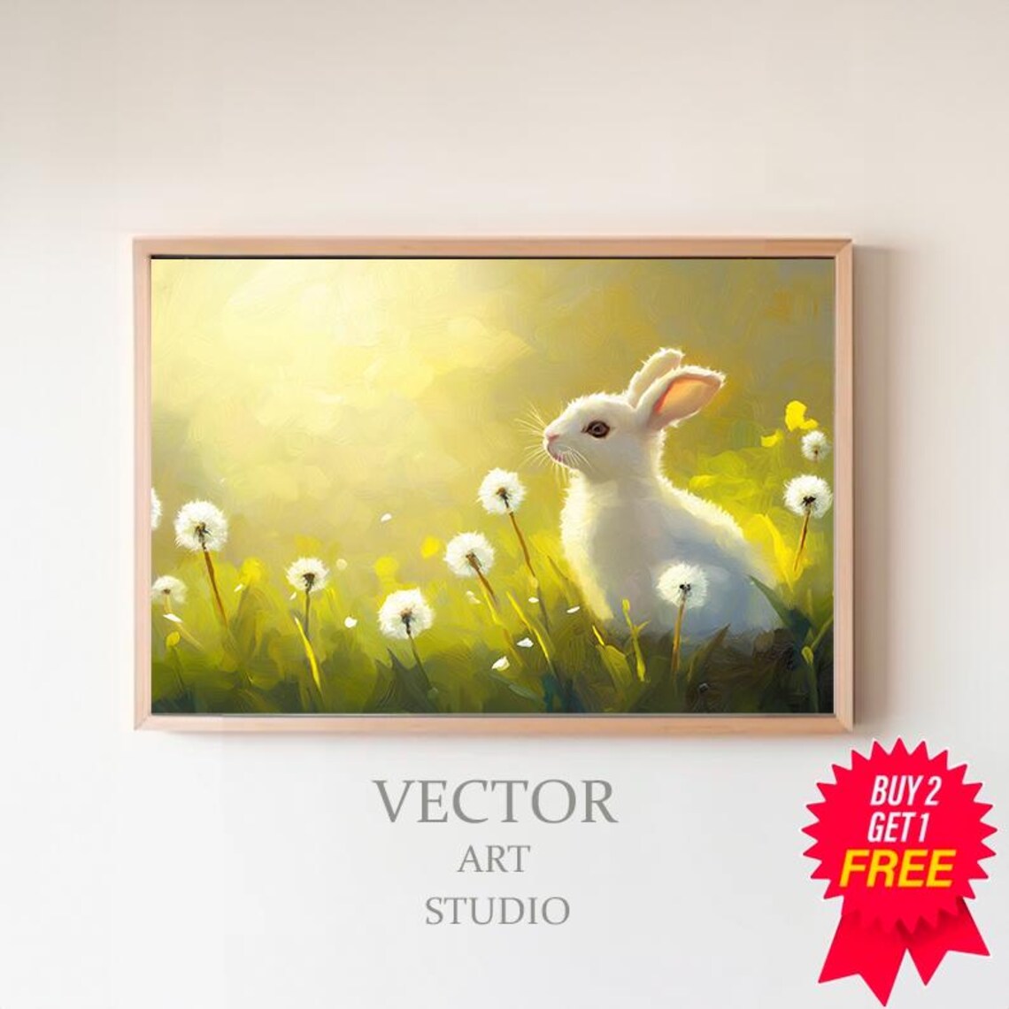 White Bunny Sitting Among Dandelions in Bright Golden Sunlight Art Poster
