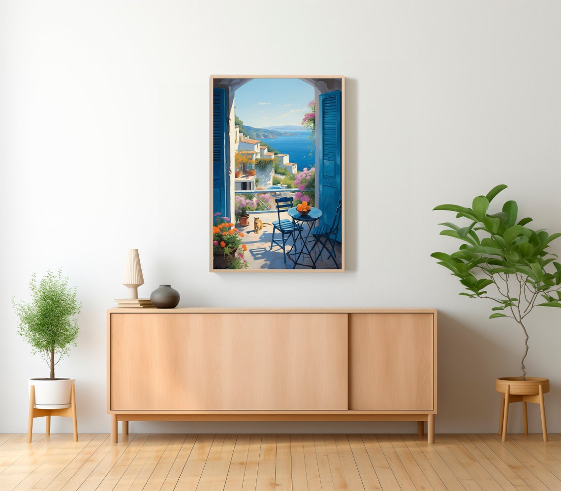 Mediterranean Terrace with Cat Overlooking the Sea Painting Poster - Image 2