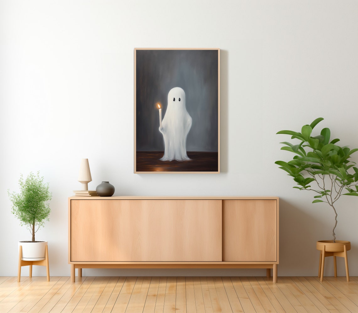 Cute Ghost Holding Candle on Dark Gray Whimsical Halloween Art Poster - Image 2