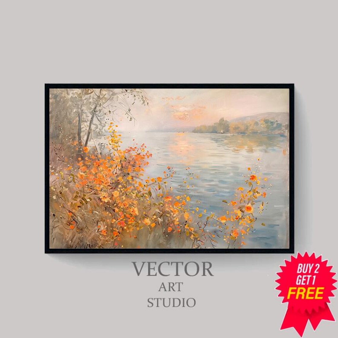 Autumn Wildflowers by the River Sunset Vintage Landscape Poster - Image 4