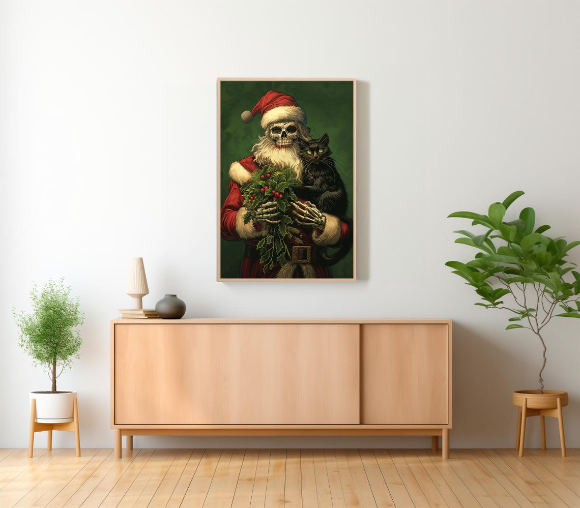 Illustrated Skeleton Santa Holding Holly Wreath And Black Cat Poster - Image 2