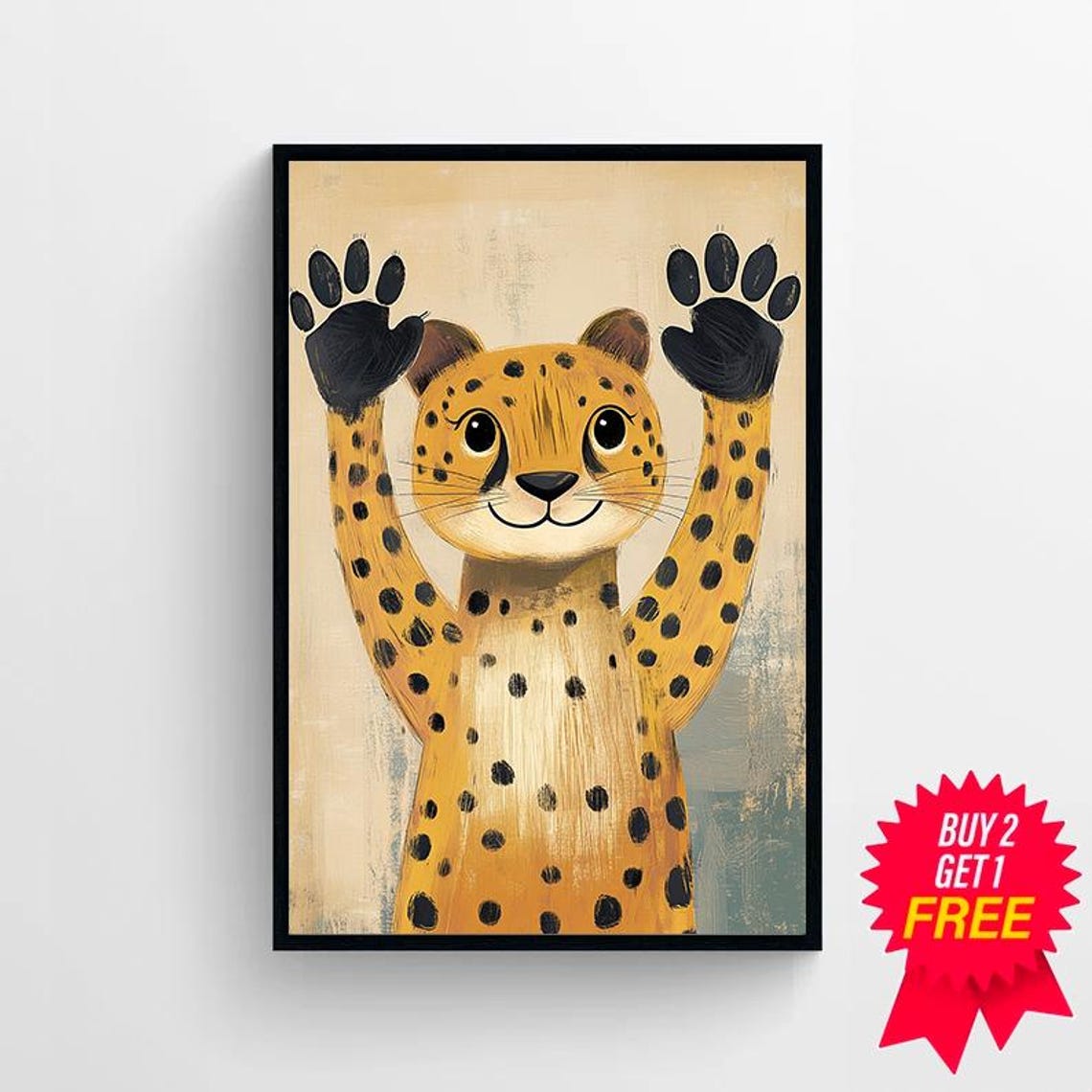 Smiling Cheetah Cub Waving Its Paws on a Warm Nursery Poster - Image 4