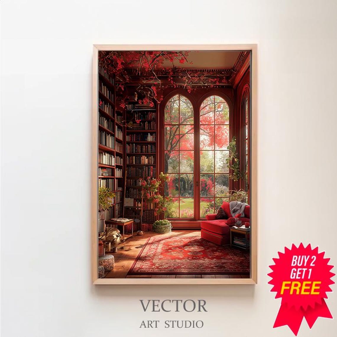 Romantic Crimson Rose-Filled Red Library Garden Windows Poster