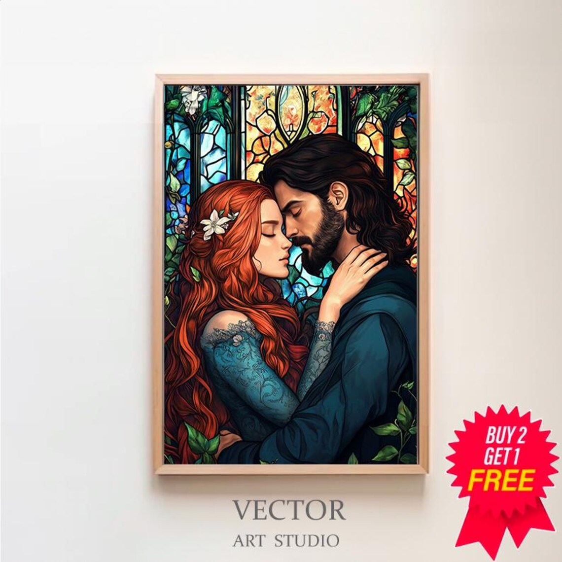 Persephone and Hades Stained Glass Style Romantic Embrace Art Poster