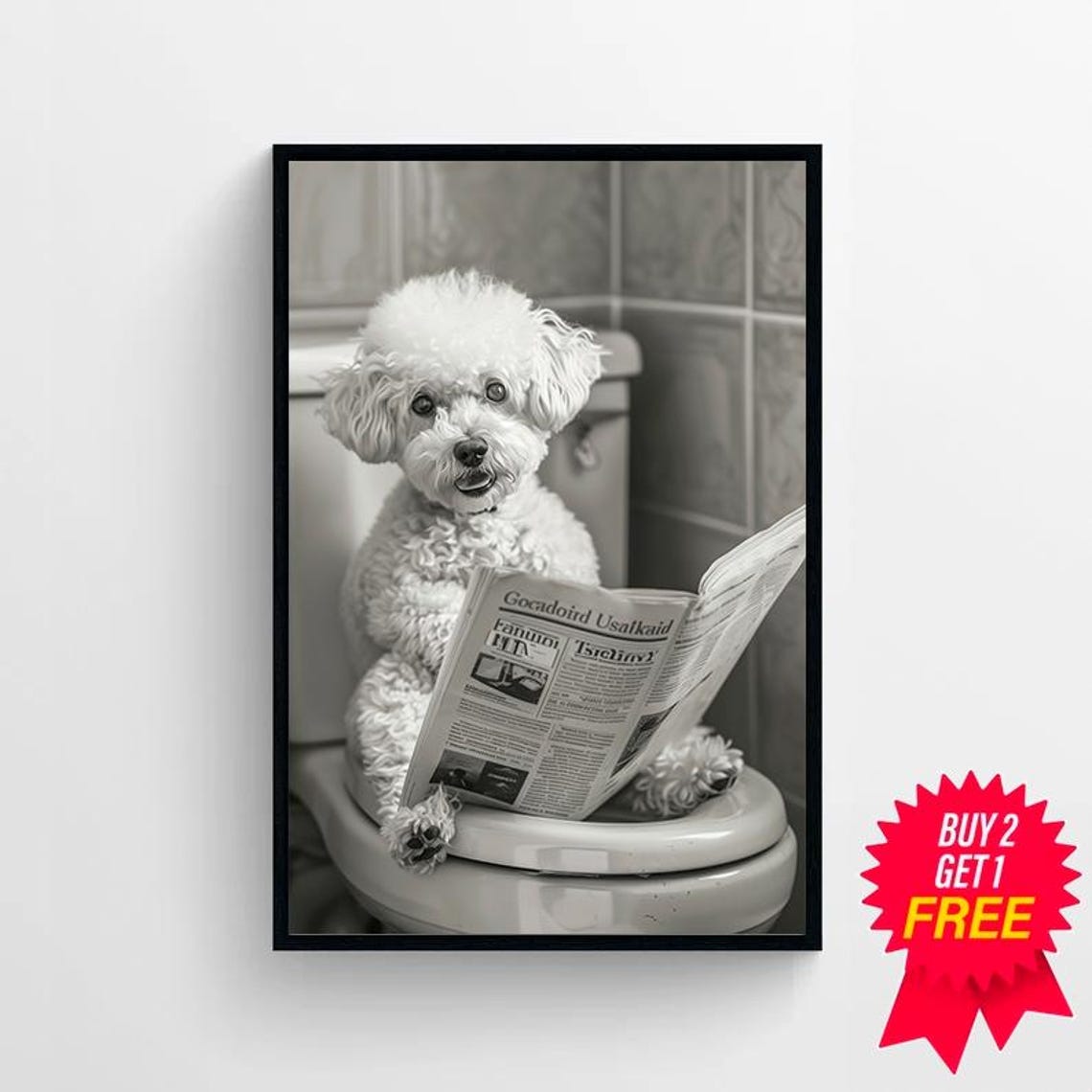 Smiling Bichon Frise with Newspaper on Toilet Vintage Funny Art Print - Image 4