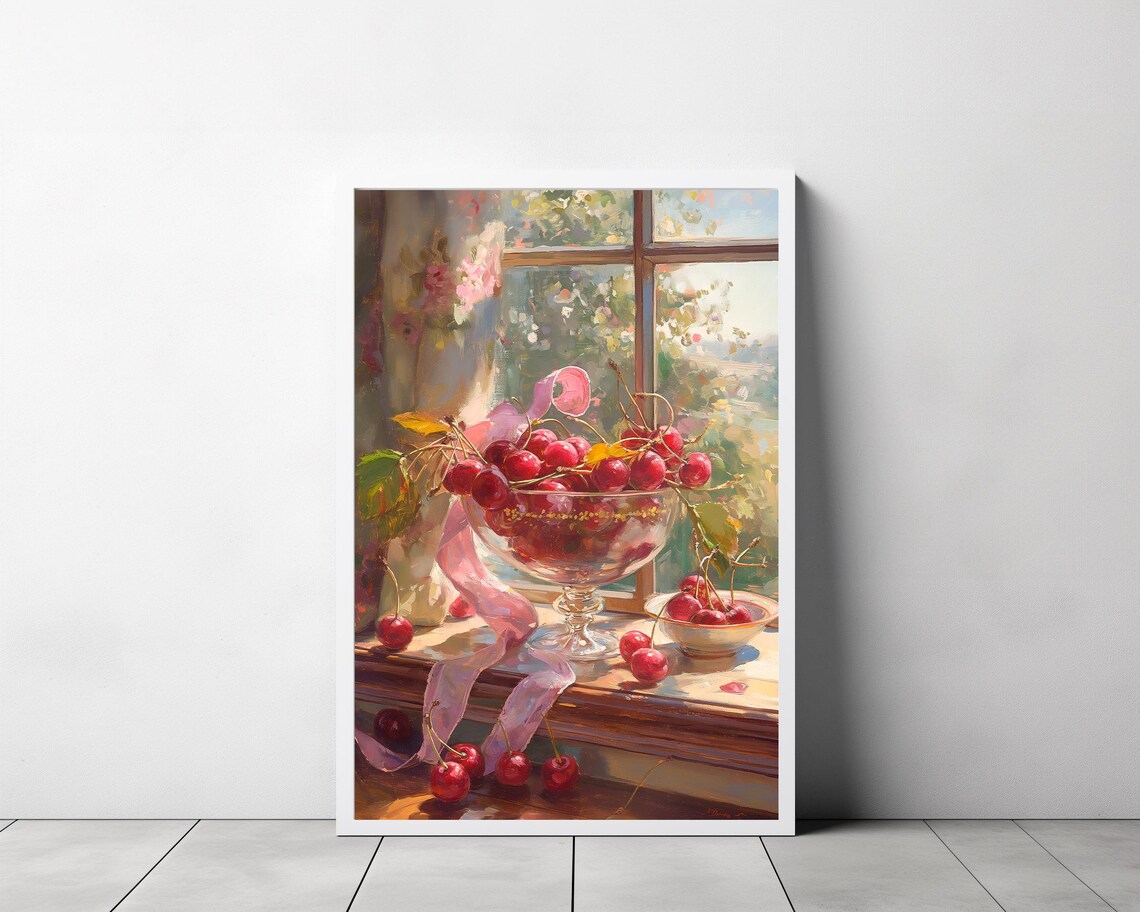 Glass Bowl Of Red Cherries On A Sunny Windowsill Still Life Art Poster - Image 3