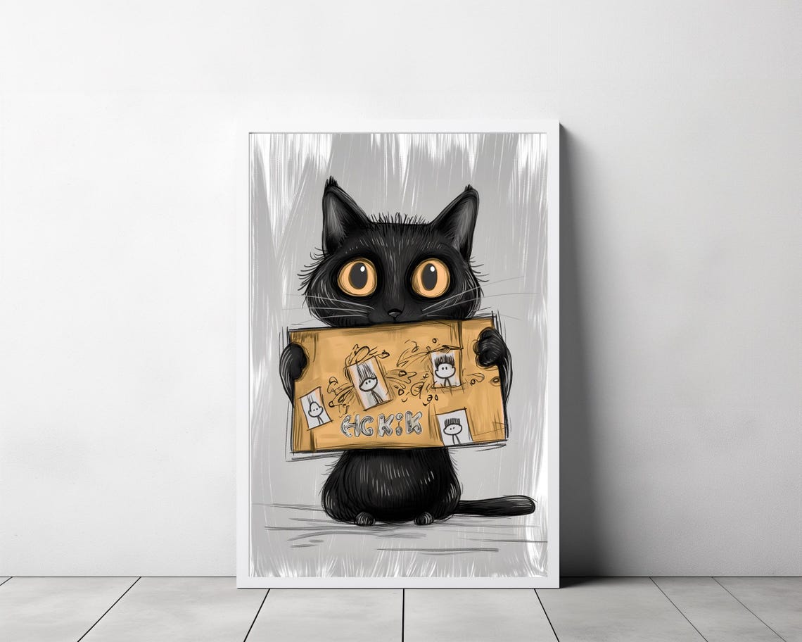 Funny Black Cat Holding Scribbled Cardboard Box Cute Cartoon Poster - Image 3