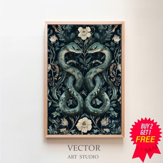 Mirrored Pair Of Green Snakes Dark Botanical Damask Style Poster