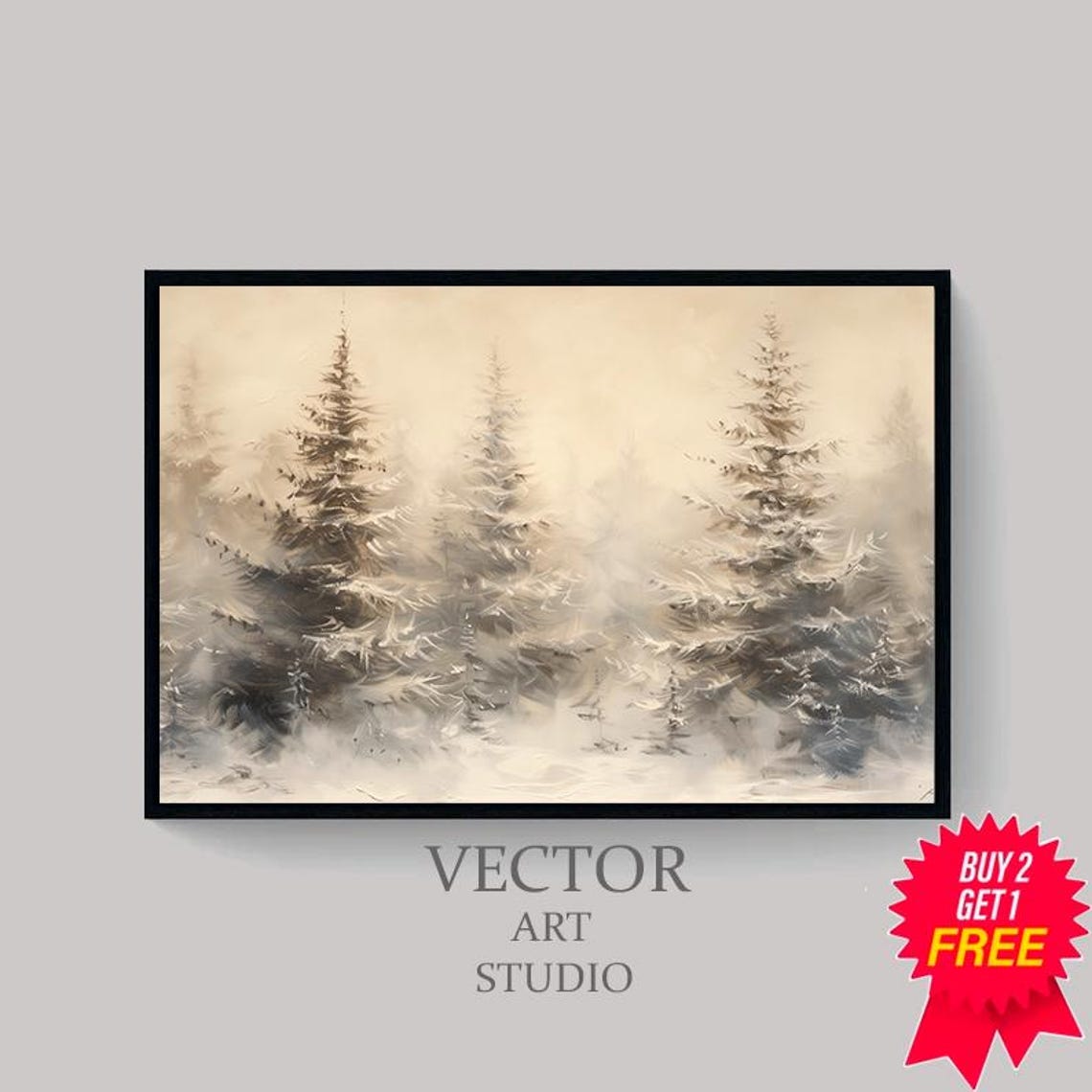 Snowy Golden Twin Pines in Beige Winter Mist Landscape Poster - Image 4