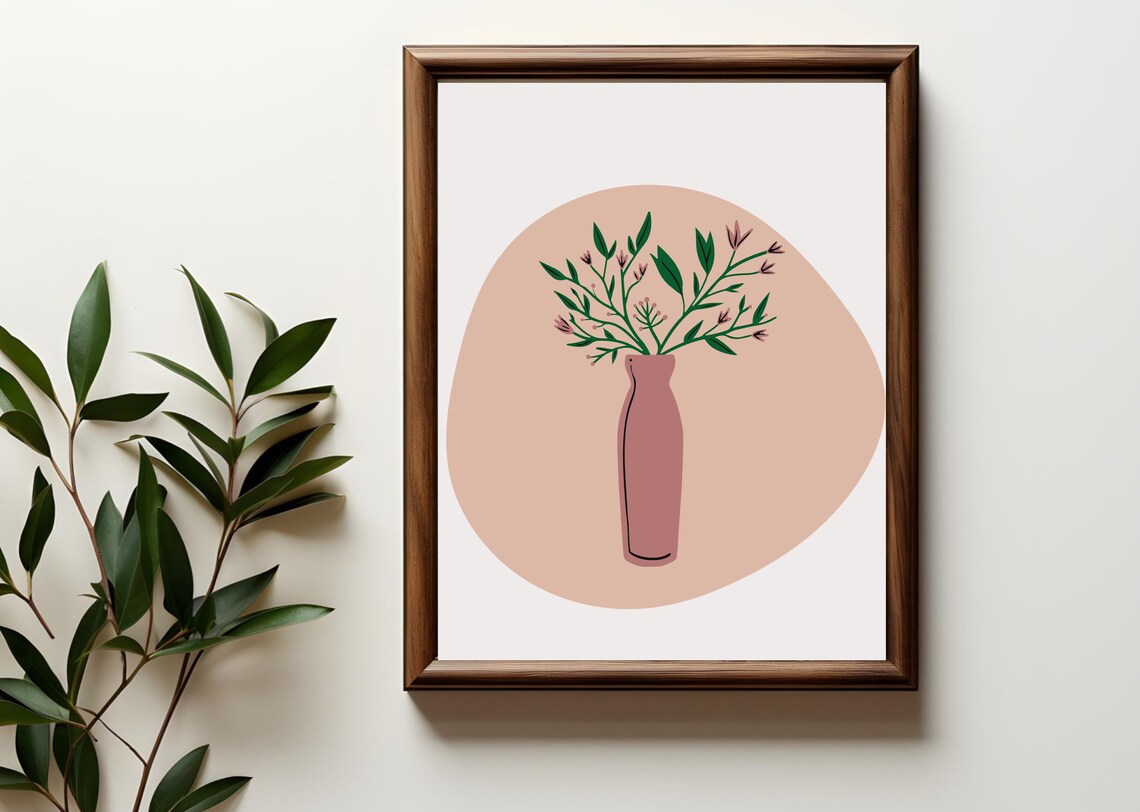 Abstract Pottery Vase Pink Blossom Sprig Terracotta Boho Botanical Poster - Image 3