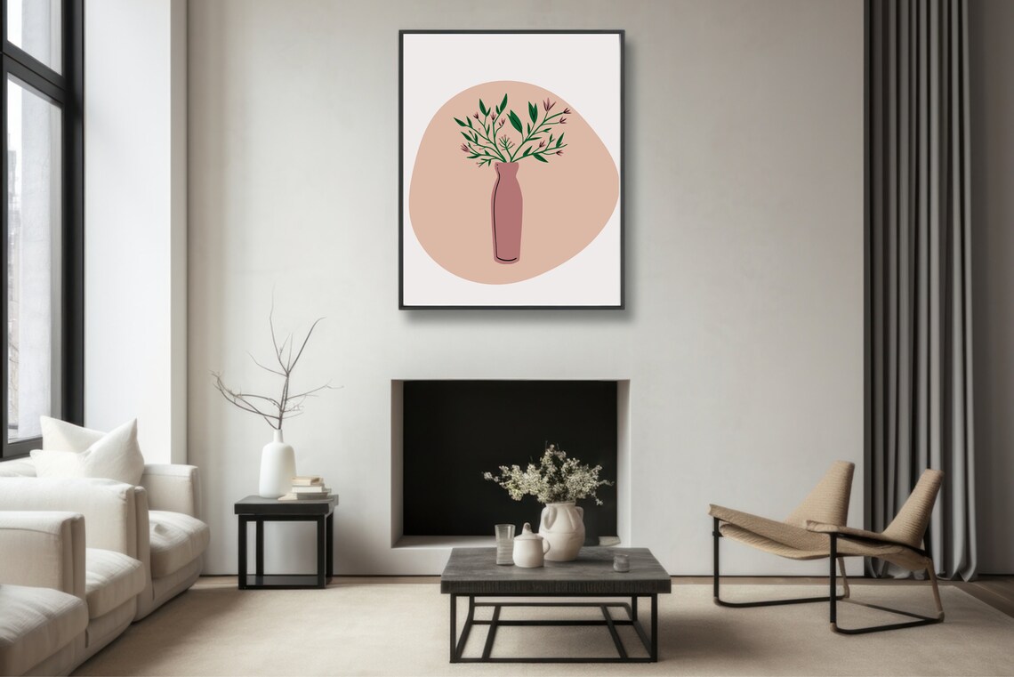 Abstract Pottery Vase Pink Blossom Sprig Terracotta Boho Botanical Poster - Image 2