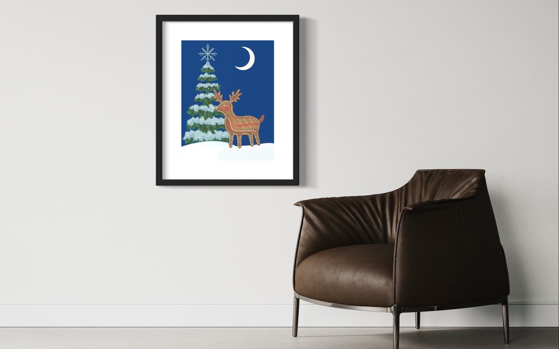 Gingerbread Reindeer Christmas Night Snowy Pine Tree Holiday Poster - Image 2