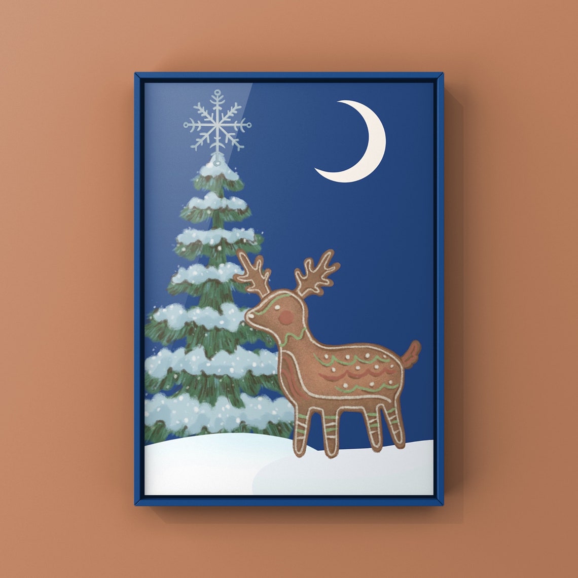Gingerbread Reindeer Christmas Night Snowy Pine Tree Holiday Poster