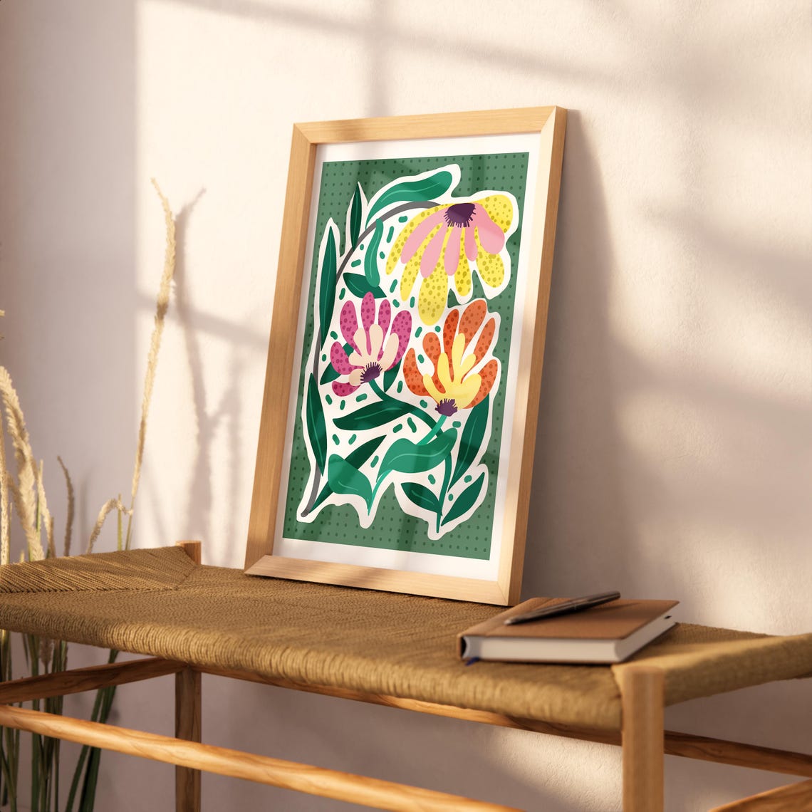 Colorful Floral Boho Daisy Green Background Modern Botanical Poster - Image 2