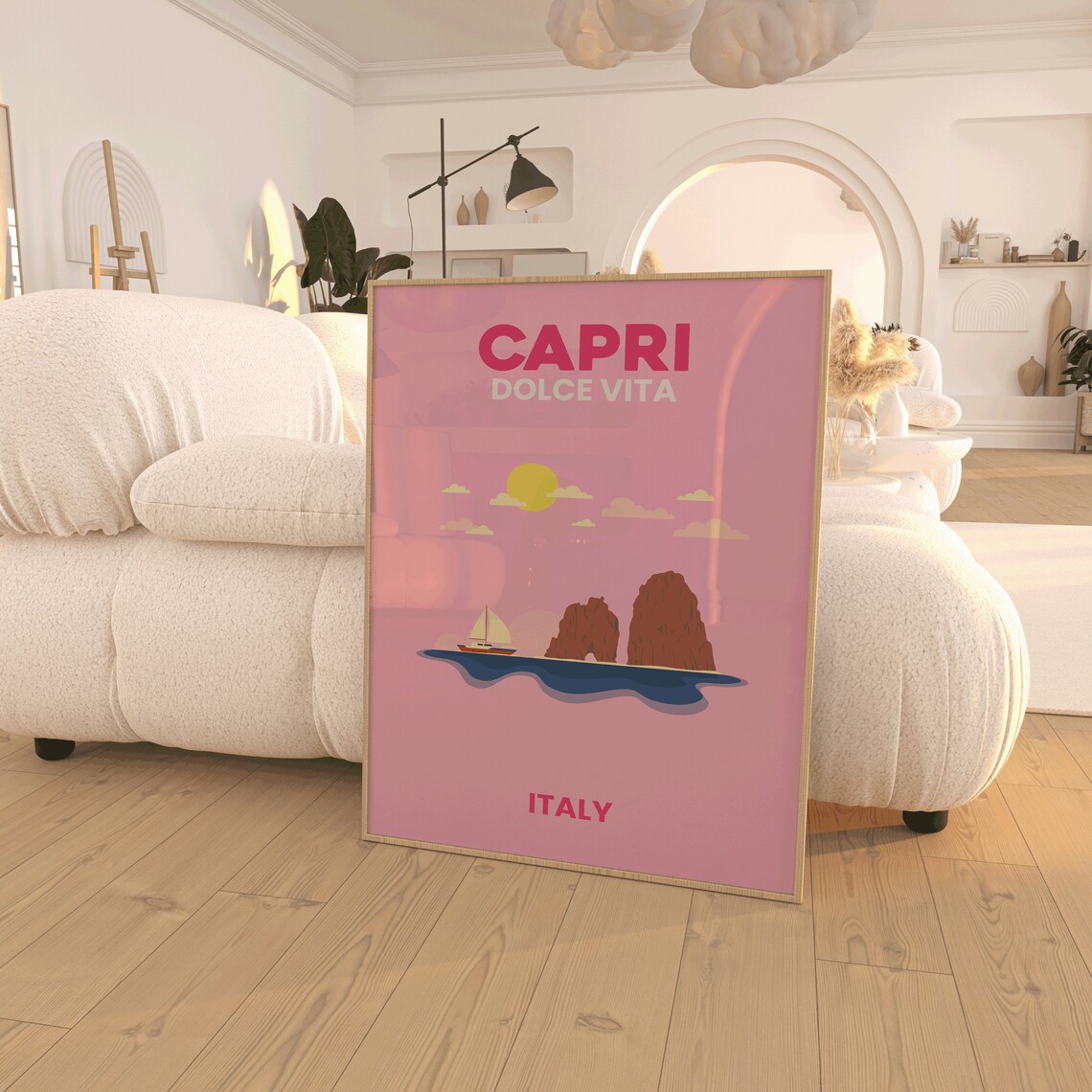 Capri Dolce Vita Pink Faraglioni Rocks Sailboat Italy Travel Poster - Image 4