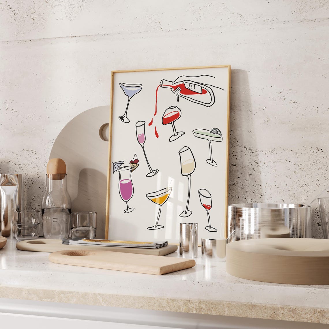Colorful Cocktail Glasses Minimalist Line Art Modern Bar Decor Poster - Image 4