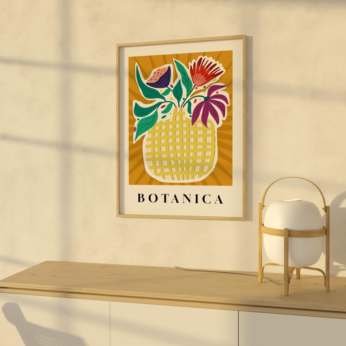 Botanica Yellow Checkered Vase Tropical Flower Retro Botanical Poster - Image 2