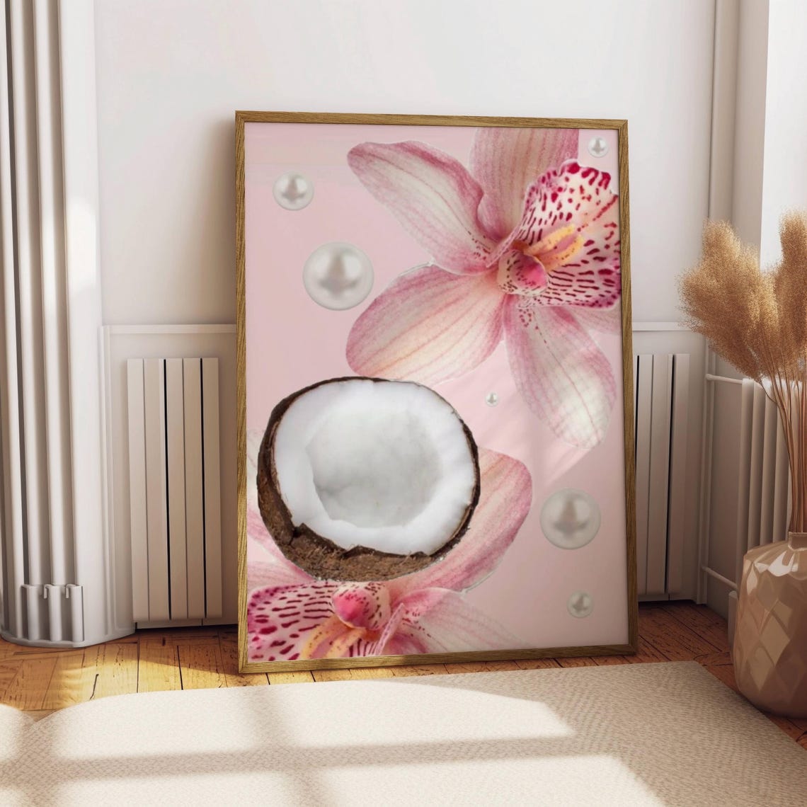 Pink Tropical Lily Coconut Half Pearls Preppy Beach Room Poster - Image 2
