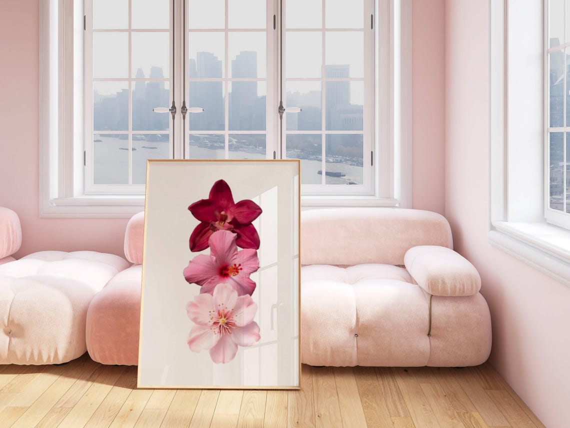 Red Pink Hibiscus Blossom Trio Minimalist Botanical Art Print Poster