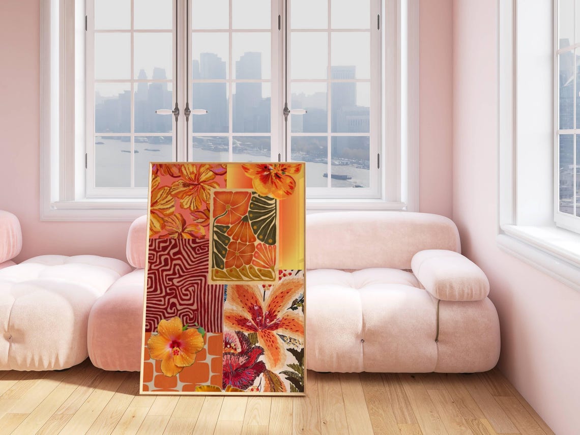 Orange Hibiscus Collage Maximalist Tropical Flower Patchwork Wall Art