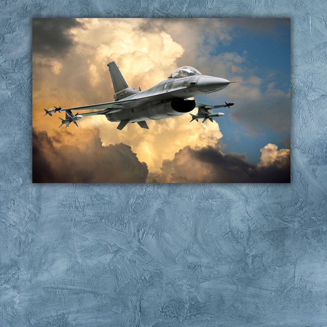 F16 Fighter Jet Soaring Golden Clouds Military Aviation Poster