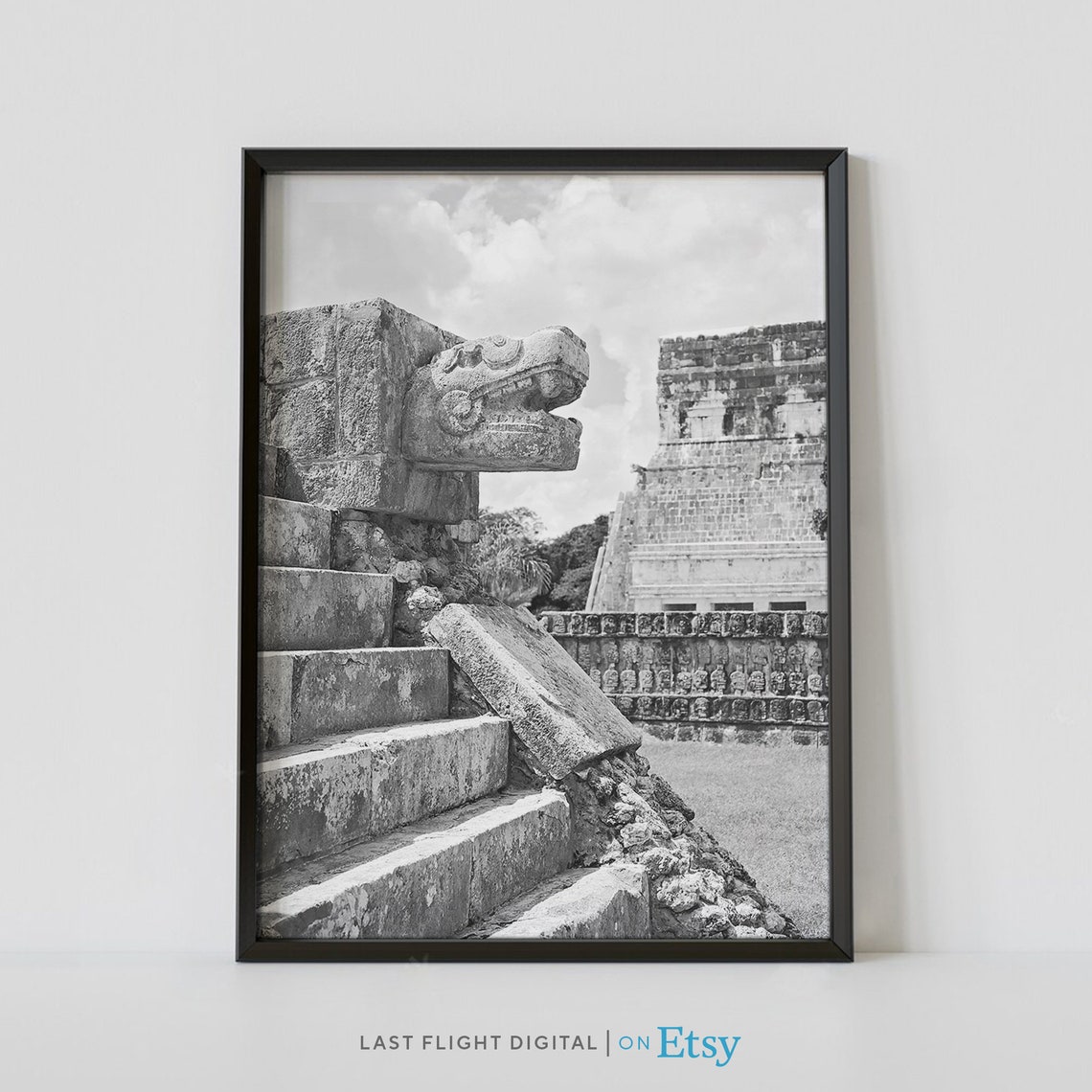 Mexico Chichen Itza Serpent Sculpture Ruins Black White Poster