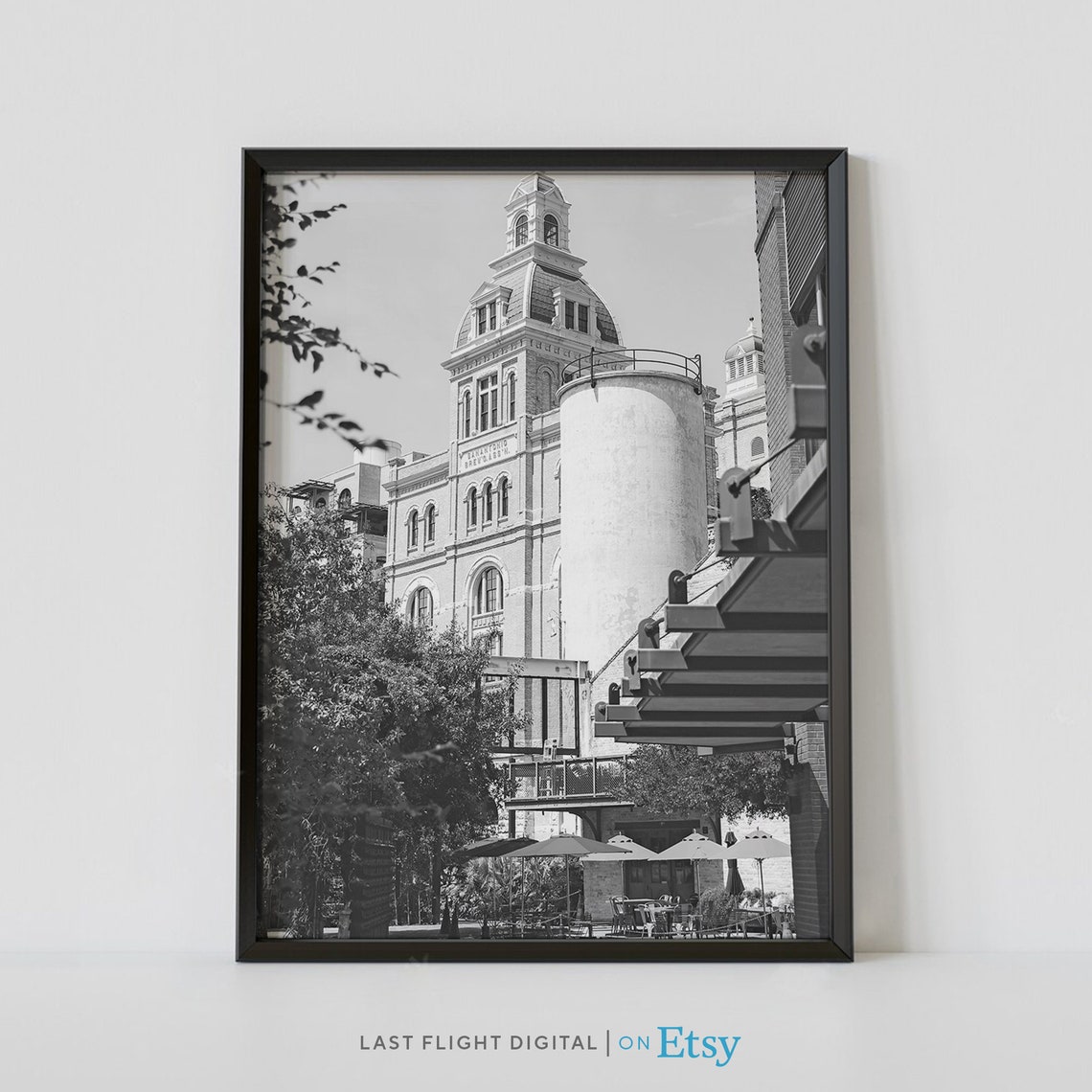 San Antonio Texas Historic Pearl Tower Courtyard Black White Poster