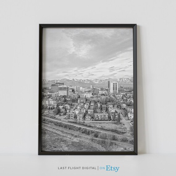 Anchorage Alaska Downtown Cityscape Mountains Black White Poster