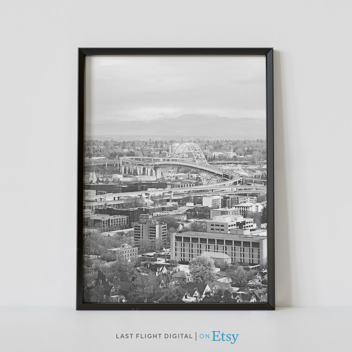 Portland Oregon Cityscape Arched Bridge Aerial Black White Poster