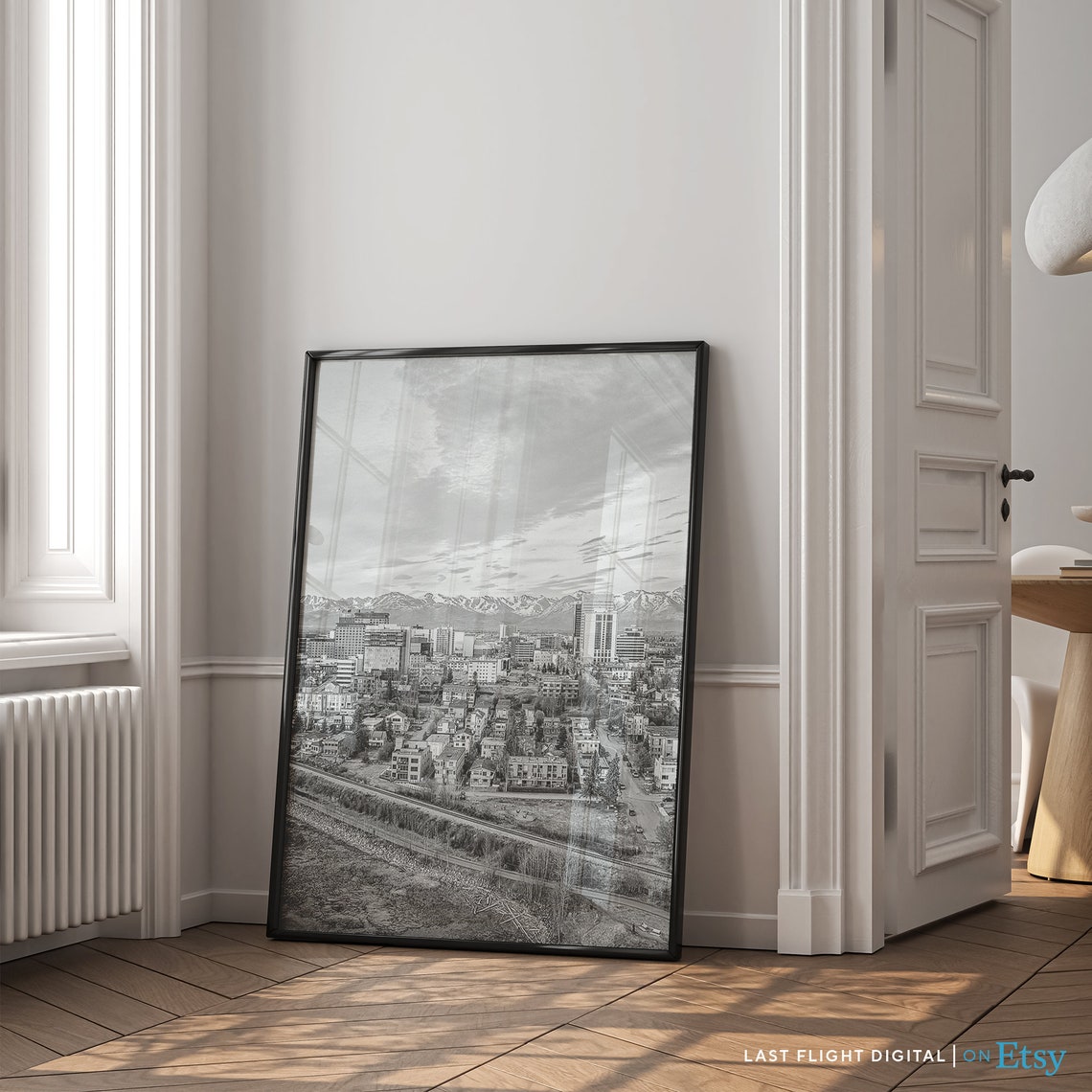 Anchorage Alaska Downtown Cityscape Mountains Black White Poster - Image 4