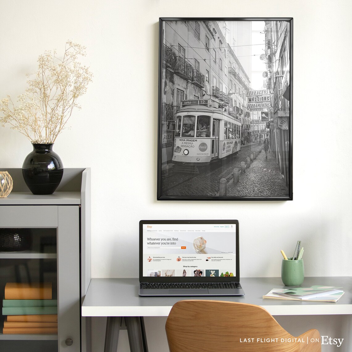 Lisbon Portugal Classic Yellow Tram Route 12 Black White Poster - Image 3