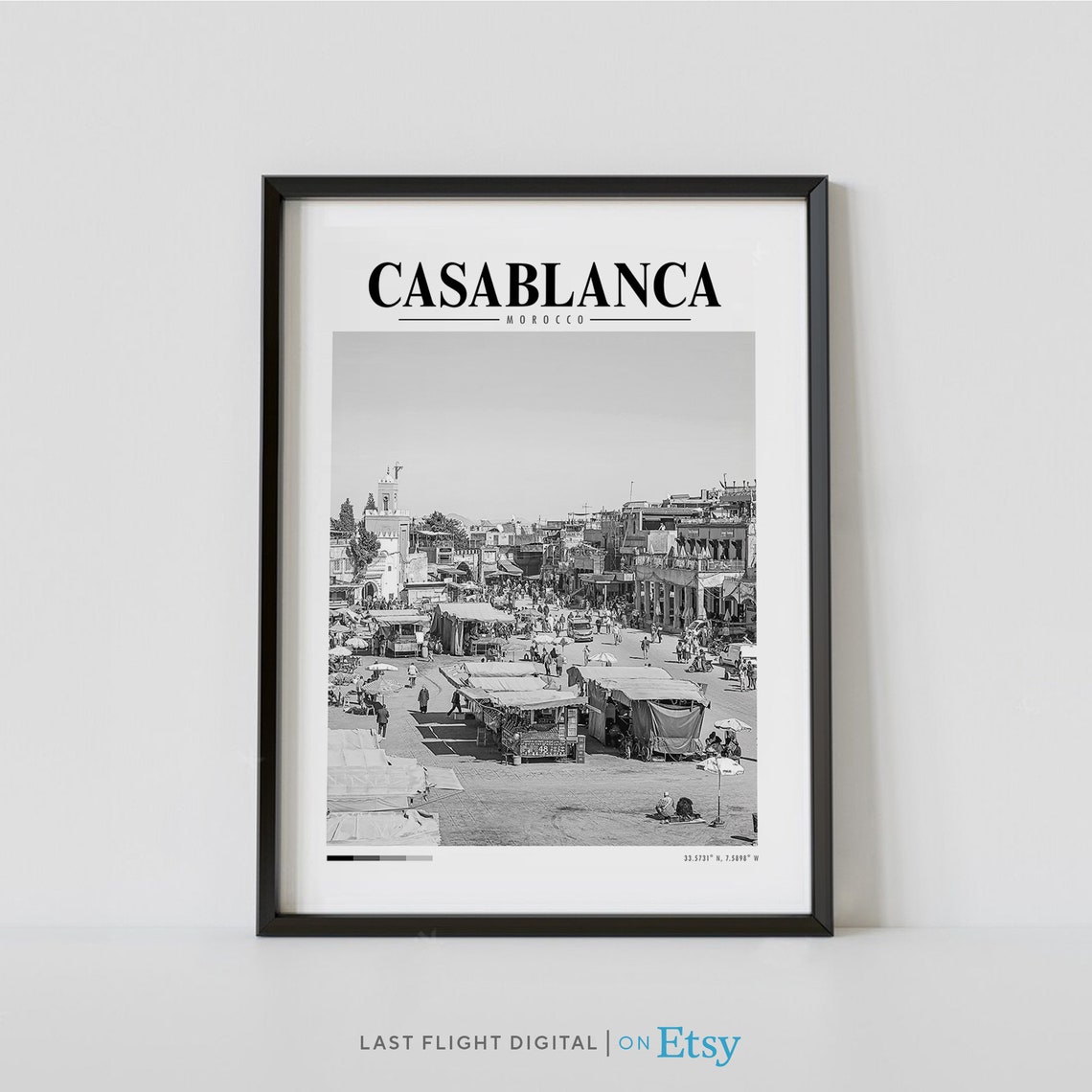 Casablanca Morocco Market Typography Travel Black And White Poster