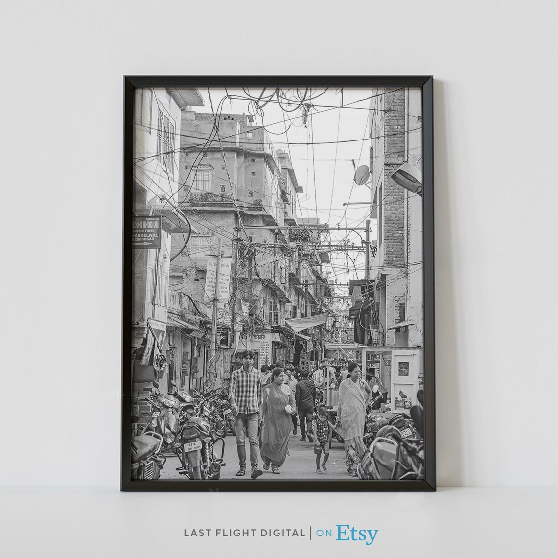 Jaipur India Busy Street Scooters Old Buildings Black White Poster