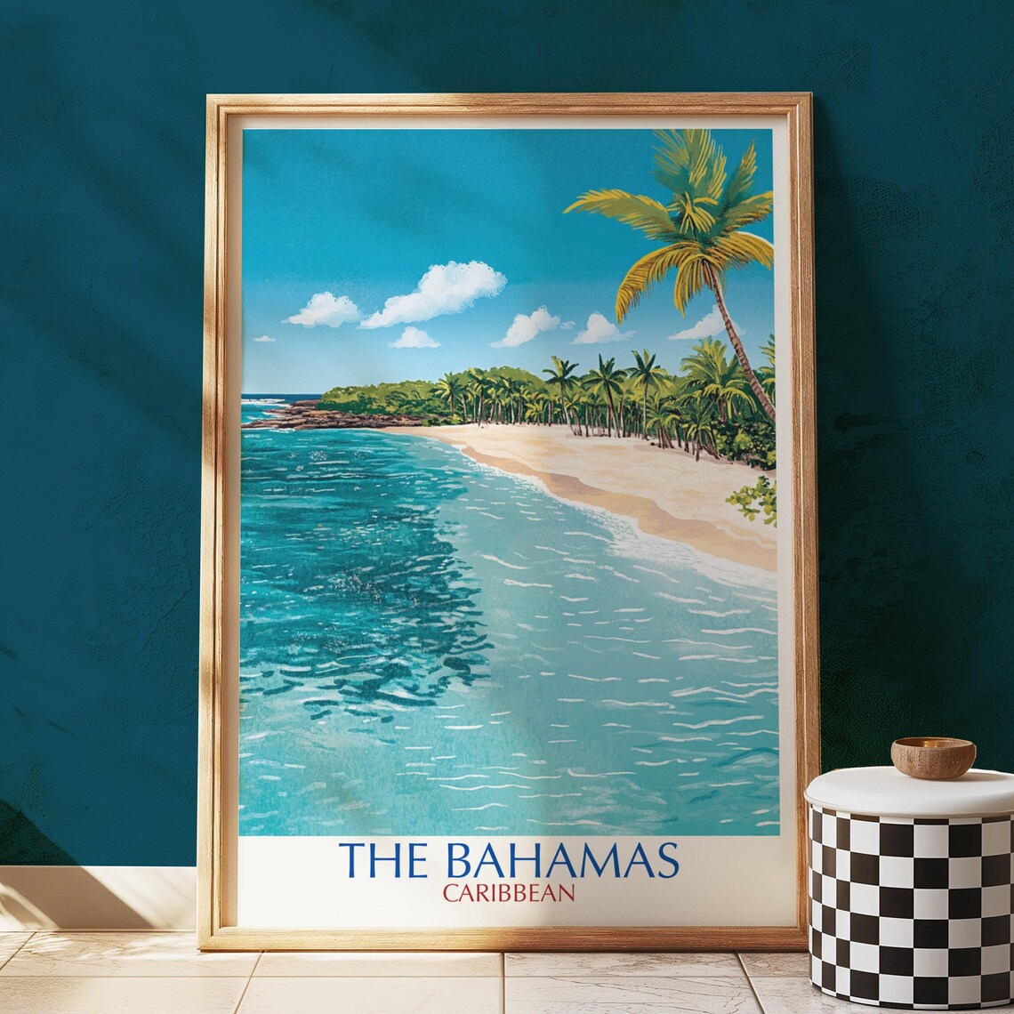 The Bahamas Caribbean Turquoise Beach Palm Trees Illustrated Travel Poster