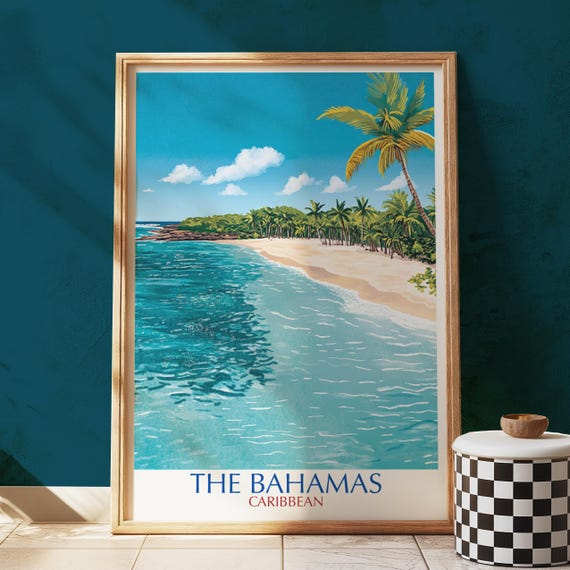 Bahamas Beach Art Print Illustrated Turquoise Ocean Coastal Decor