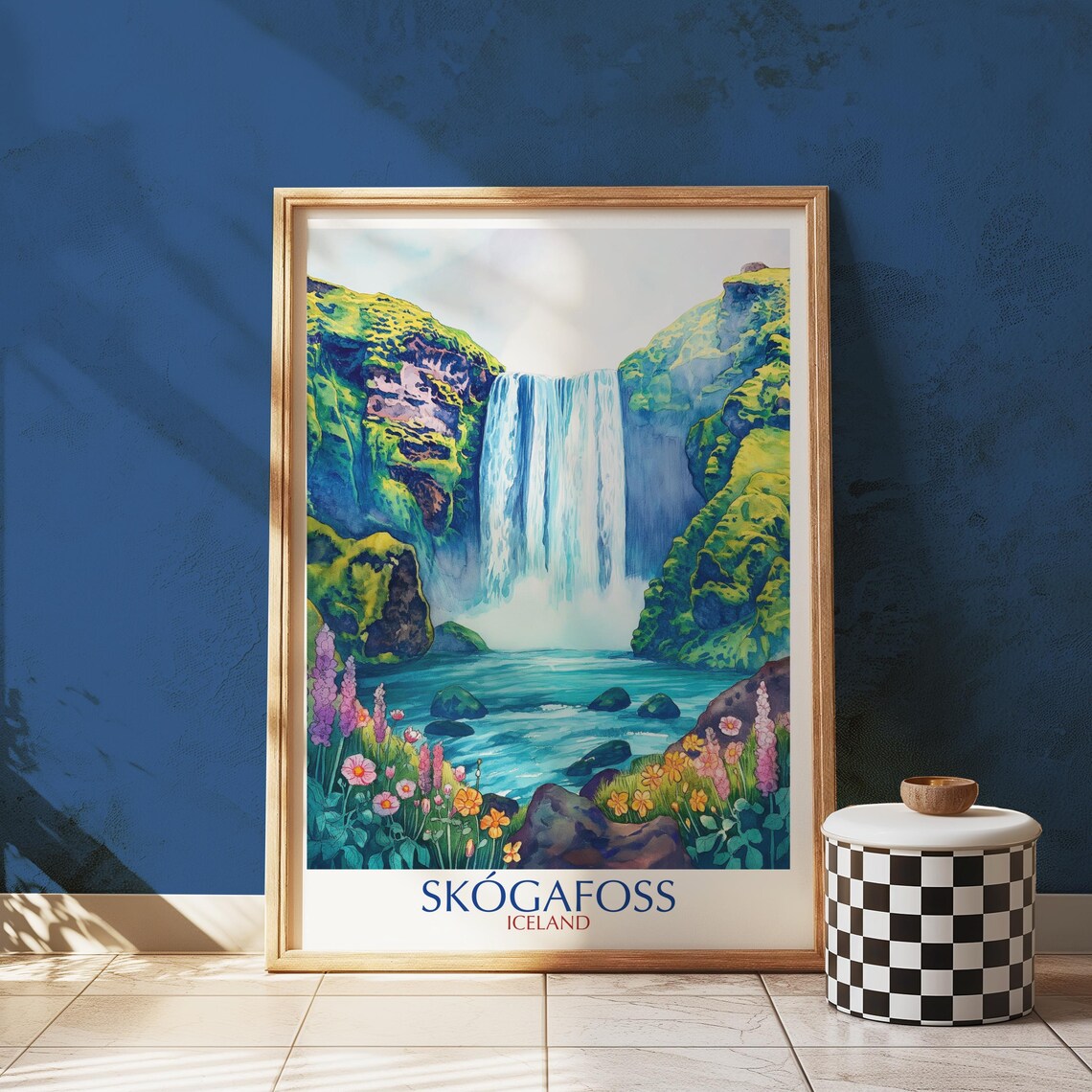 Skogafoss Iceland Waterfall Nordic Wildflower Valley Travel Poster