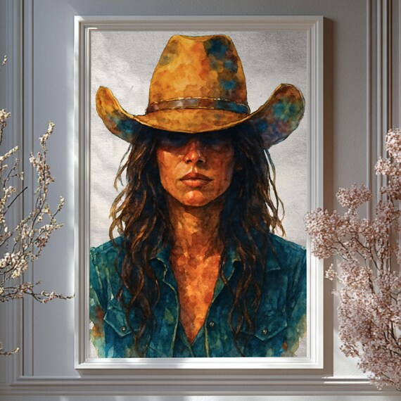 Cowgirl in a Cowboy Hat Rustic Western Watercolor Portrait Poster